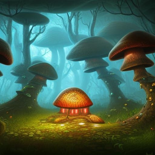 Mushroom House in Alien World: Dark Fantasy Art