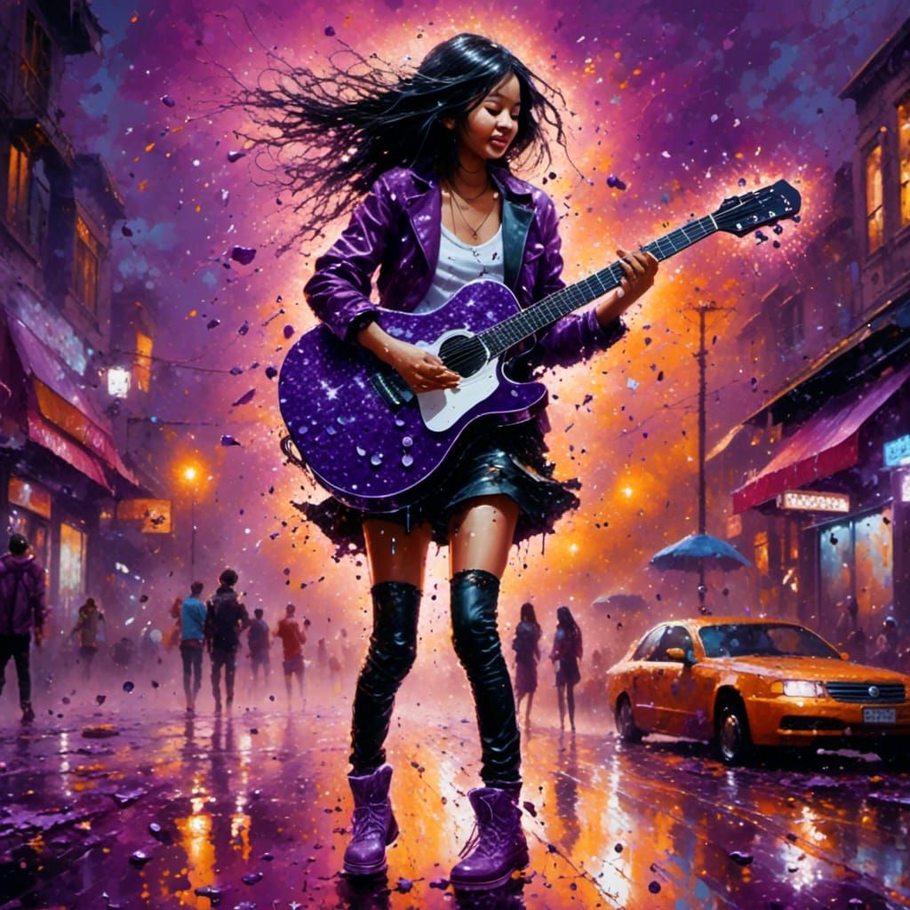 Teenage Girl Dancing in Purple Rain: Graffiti Street Art