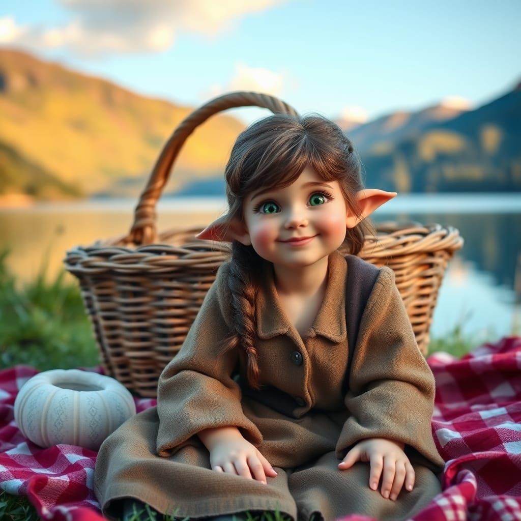 Happy Halfling with Picnic Basket by Lake