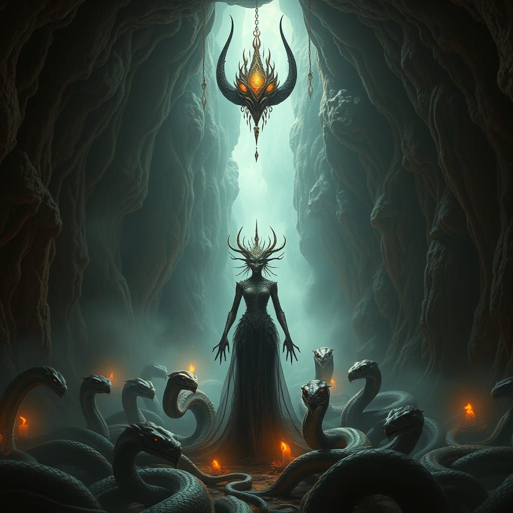 Lamia Queen in Grotesque, Surreal Cavern