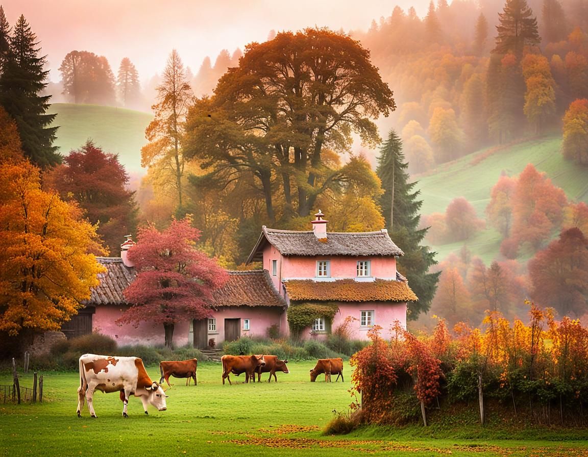 Autumn Landscape with Grazing Cows in Idyllic Style