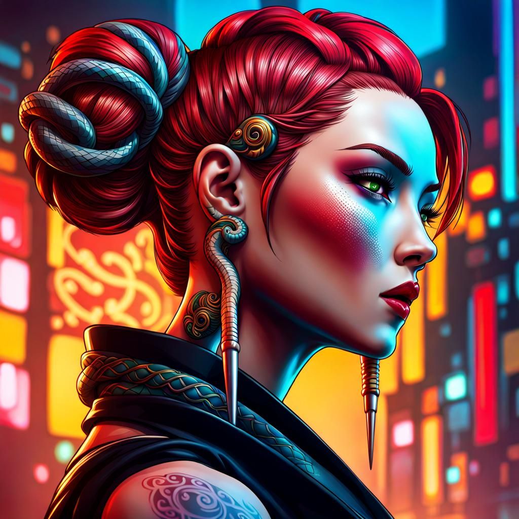 Cyberpunk Yakusa Portrait with Red Hair and Tattoos