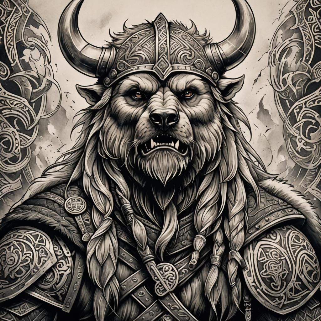 Viking Bear Valhalla Tattoo Design in Dark Style