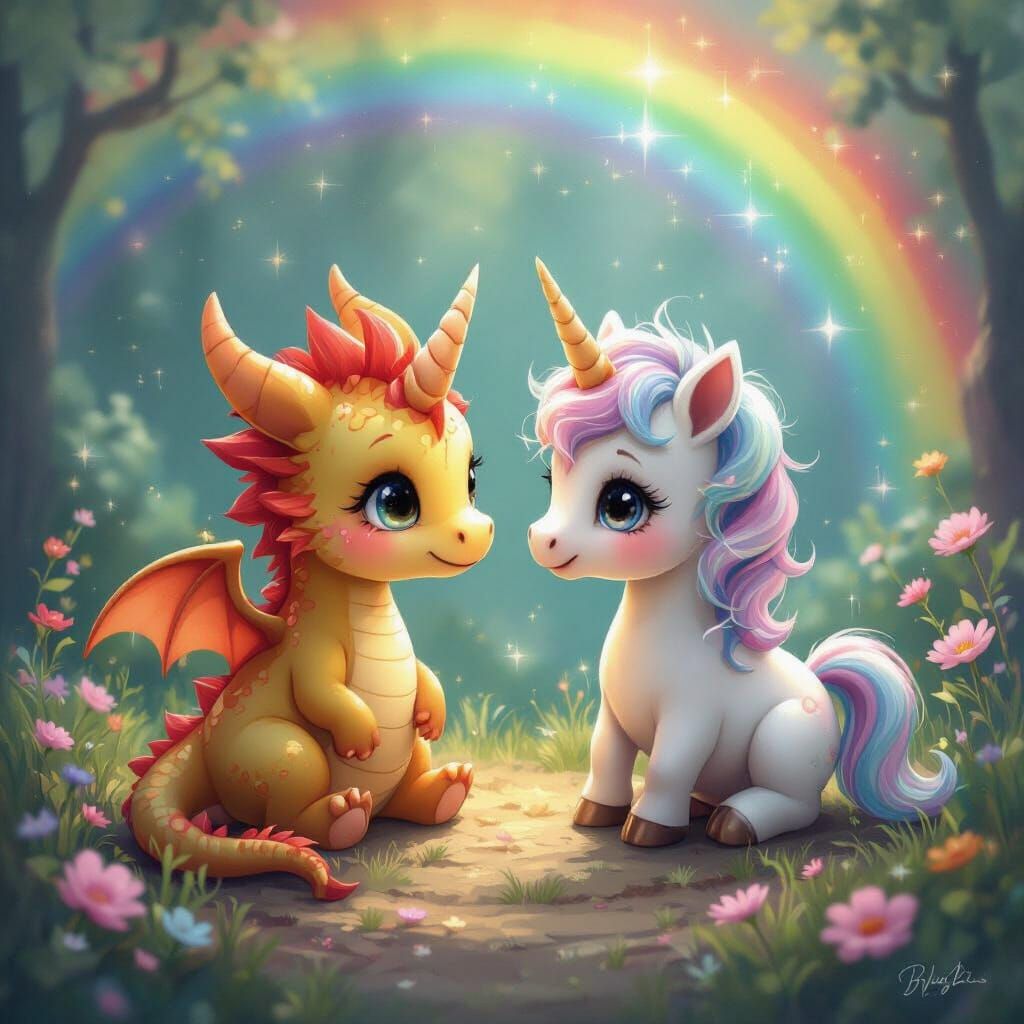 Chibi Dragon and Unicorn Meeting Under Rainbow in Art Nouvea...