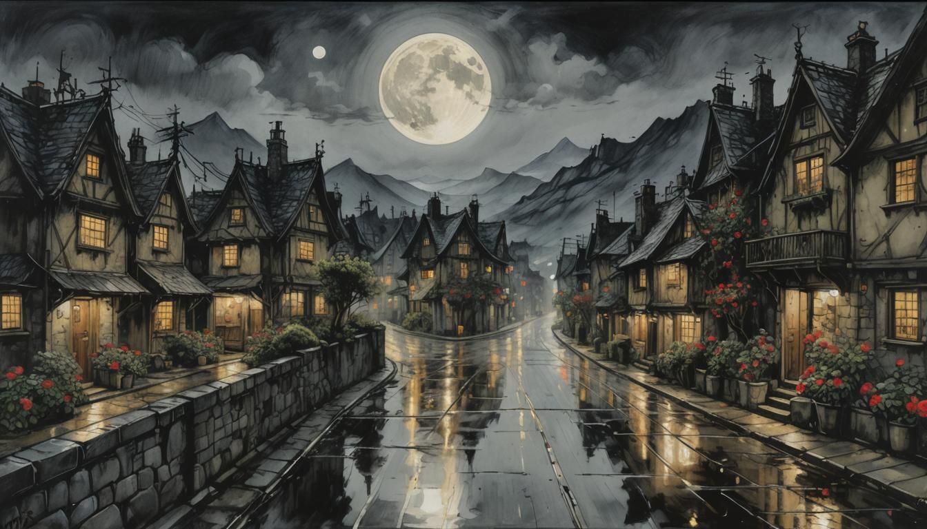 Neon City Street After Rain: Arthur Rackham Style