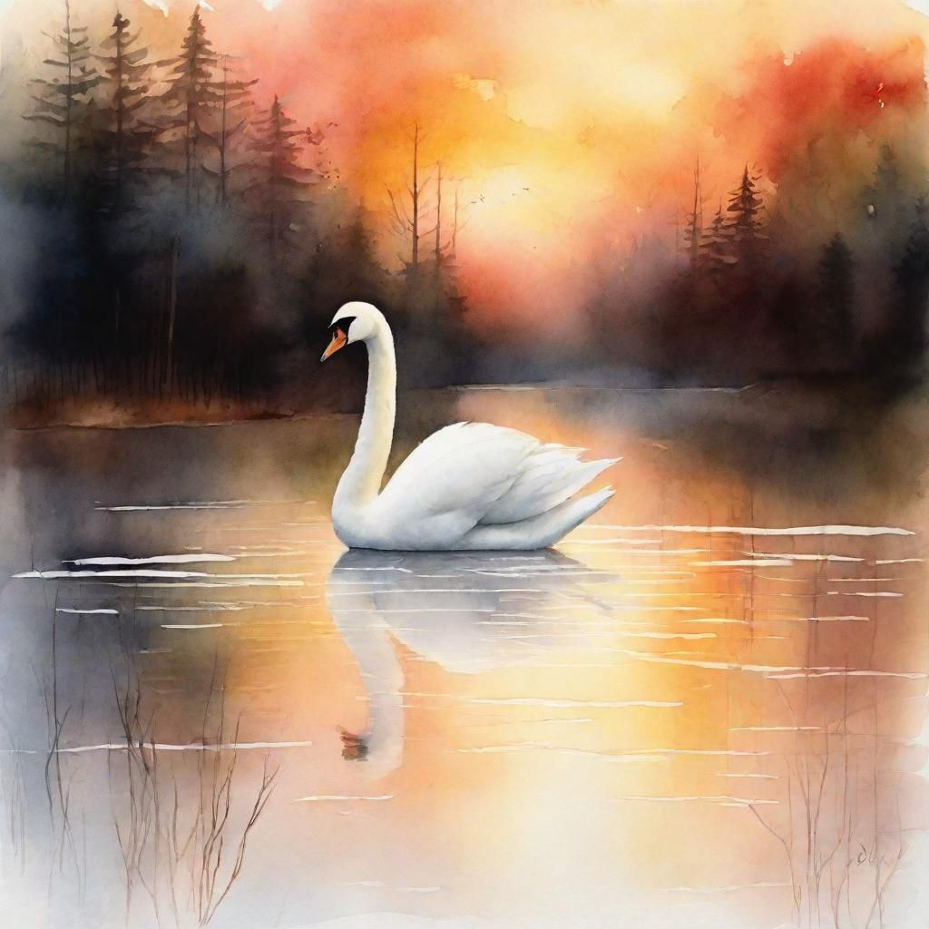 Serene Swan on Misty Lake: Impressionist Watercolor