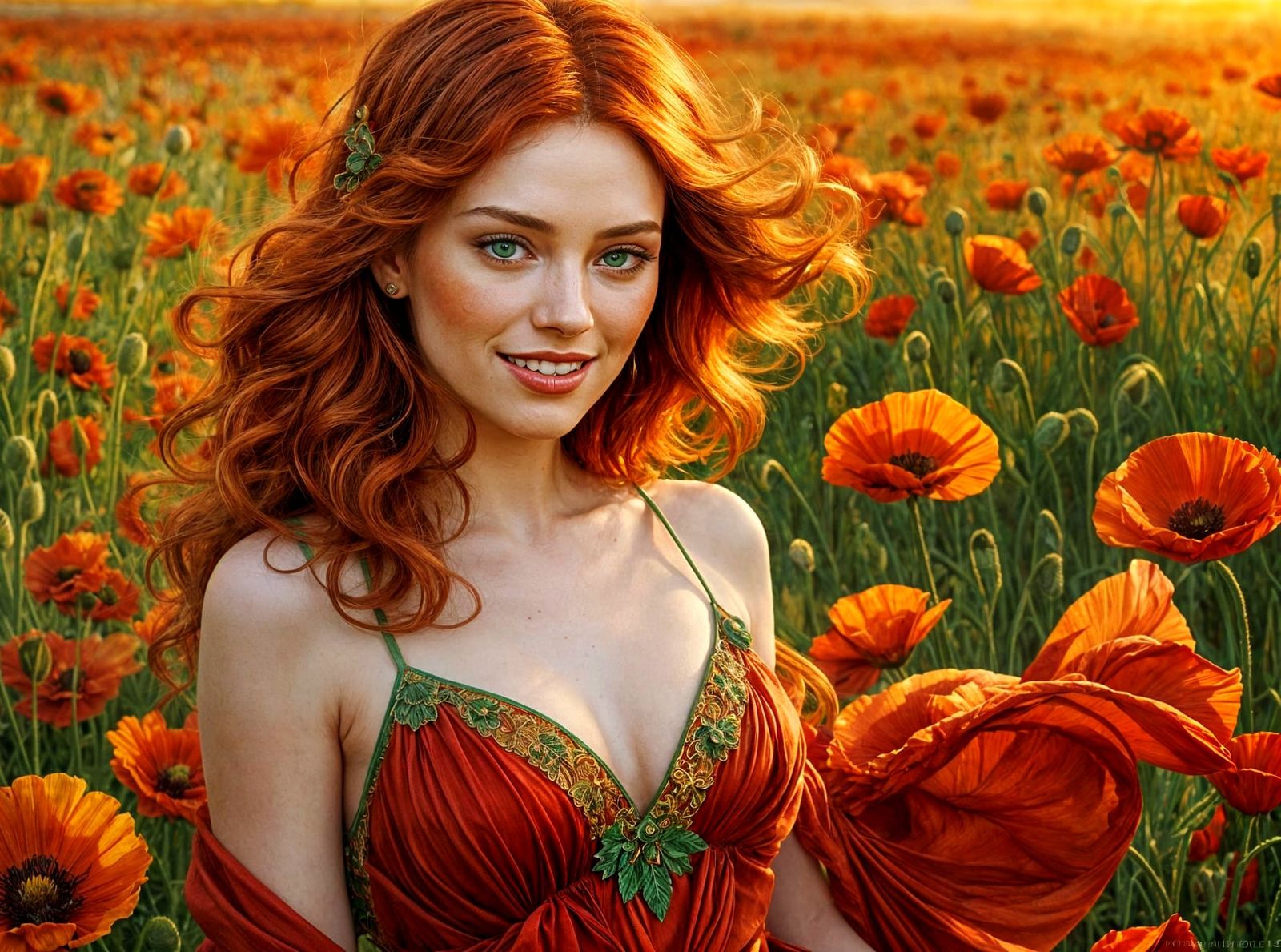 Poppy Field Portrait in Art Nouveau Style