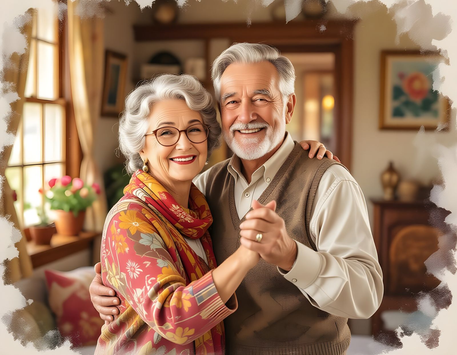Charming Seniors Dancing in Cozy Home, Watercolor Illustrati...