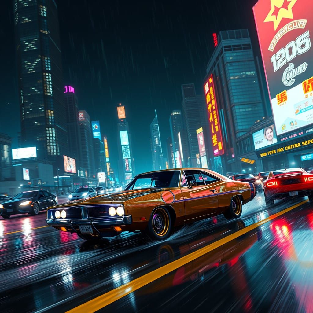 Retro Cyberpunk Charger Speeds Down Futuristic Highway at Ni...