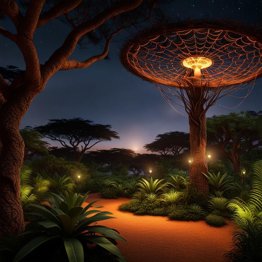 African Tree-web, vibrant color-safari, Tree-Arachnid web, hyperrealistic hyperdetailed orb-radial-spiral spider's web p...