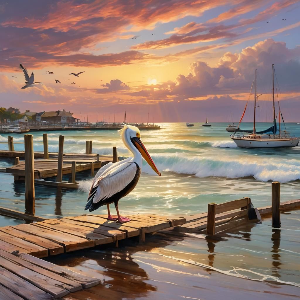 Pelican at Sunset: Impressionist Beach Scene