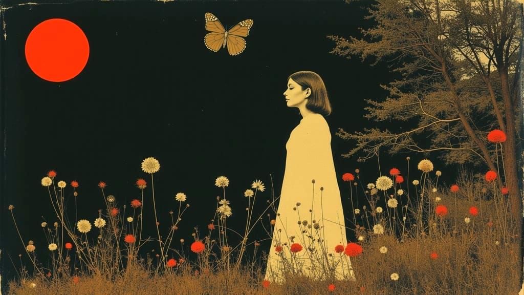 Surreal Country Scene of Wildflowers and Butterflies Under M...