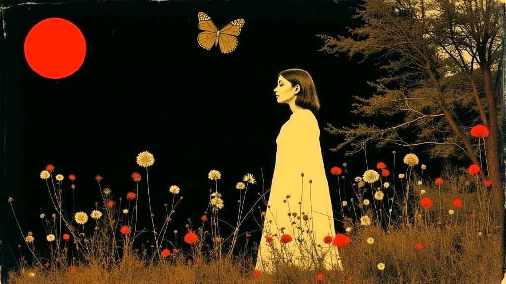 Surreal Country Scene of Wildflowers and Butterflies Under M...