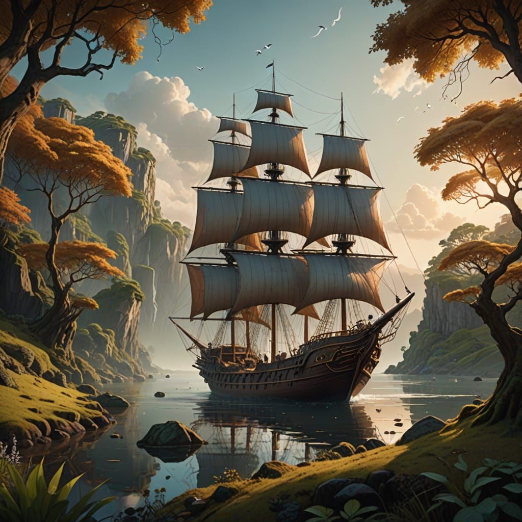 Whimsical Tree Ship Sails Through Enchanted Skies