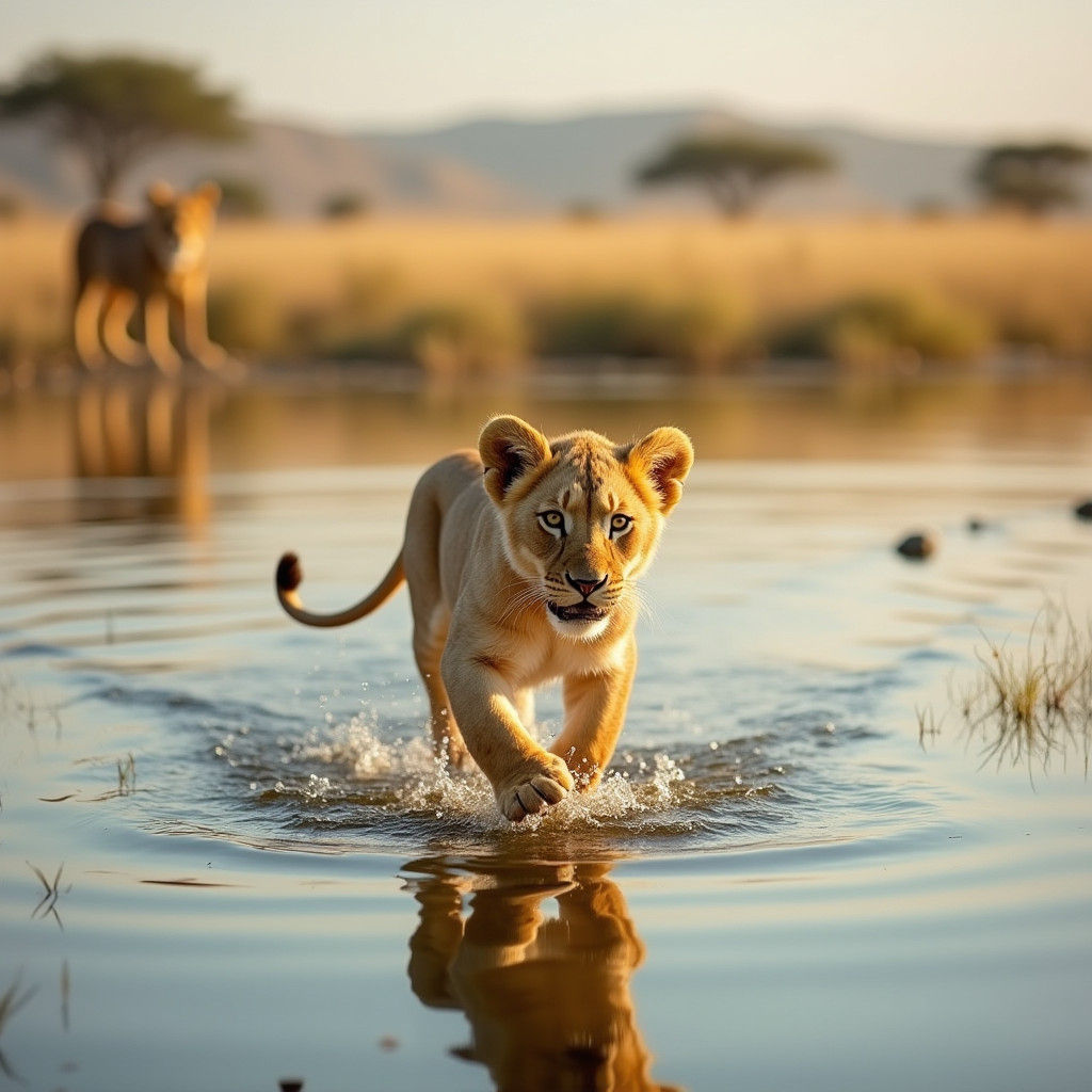 Lion Cub Walking on Water in Realistic Style
