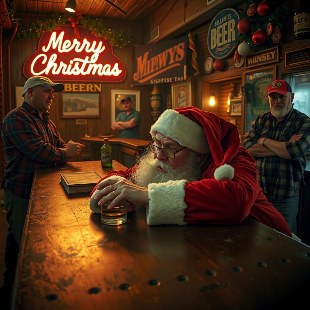 Disheveled Santa Claus in a Smoky Dive Bar Christmas