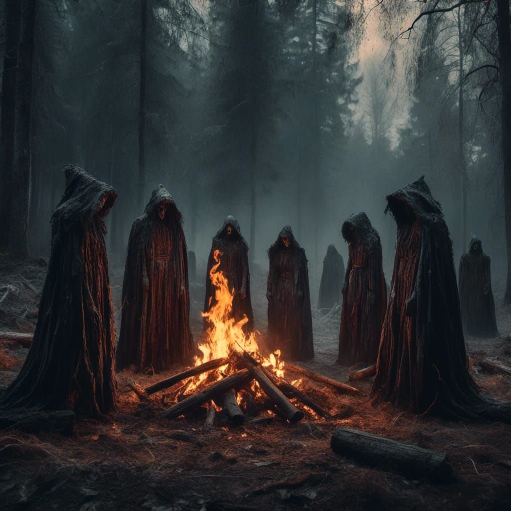 Mysterious Cloaked Figures Around a Fire
