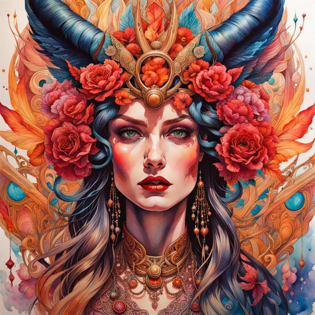 Female Pride Demon in Art Nouveau Watercolor