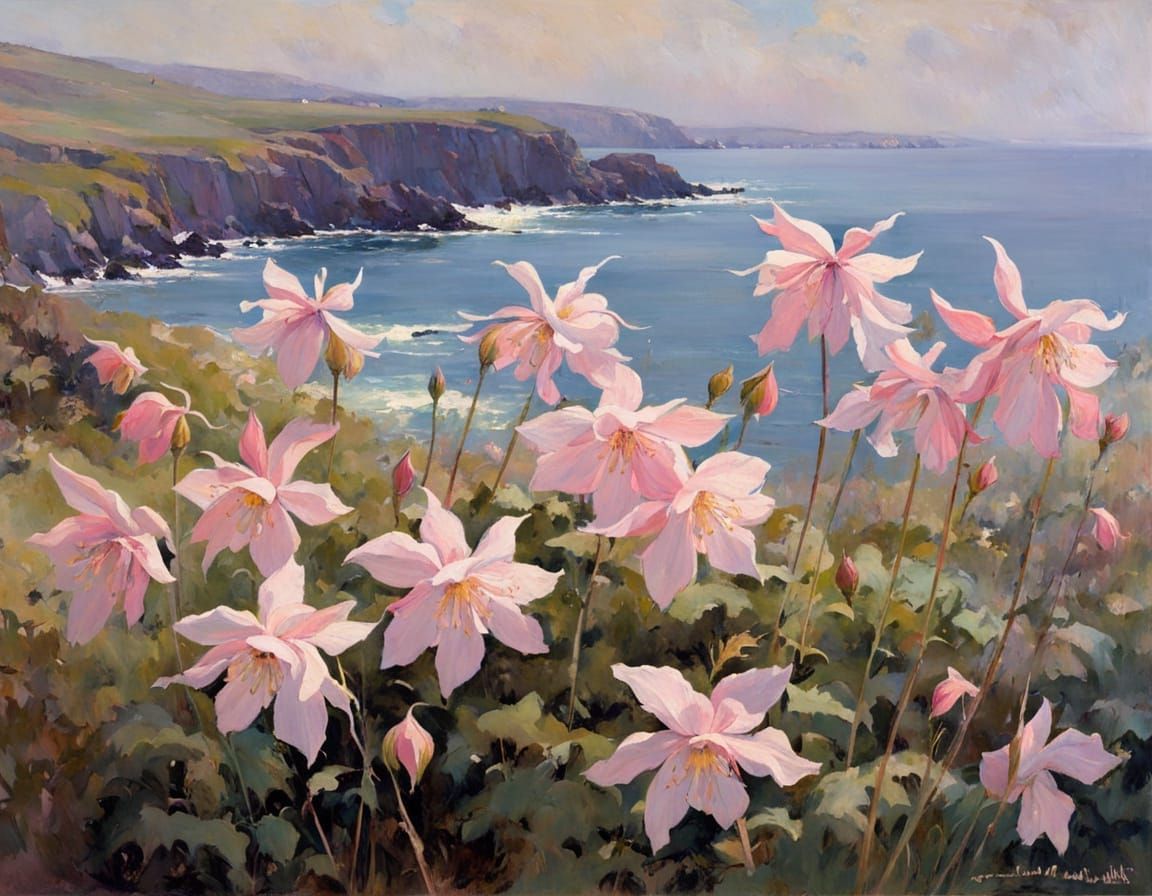 Pale Pink Columbine by the Sea: Oil Painting