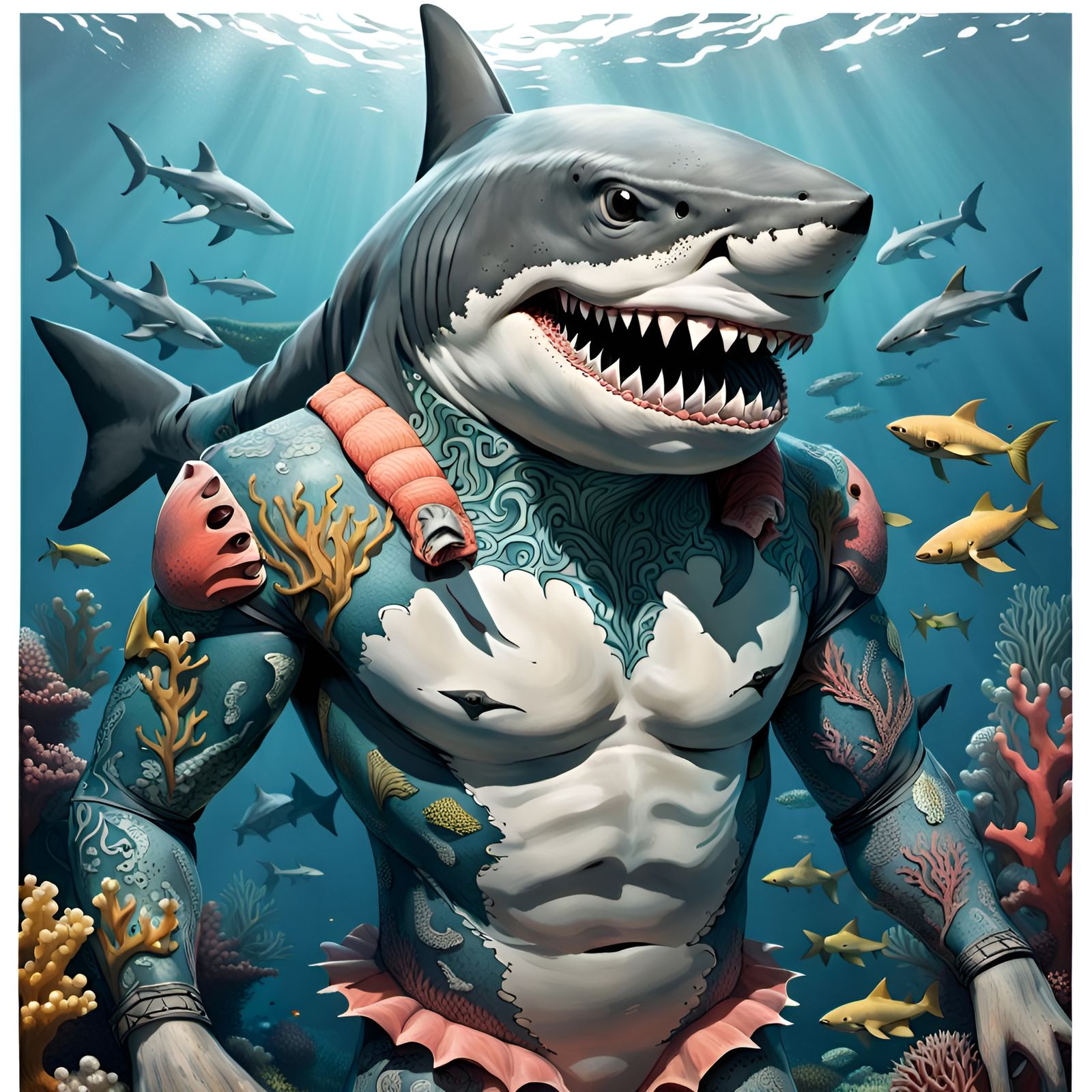 Detailed Shark-Man in an Underwater Scene