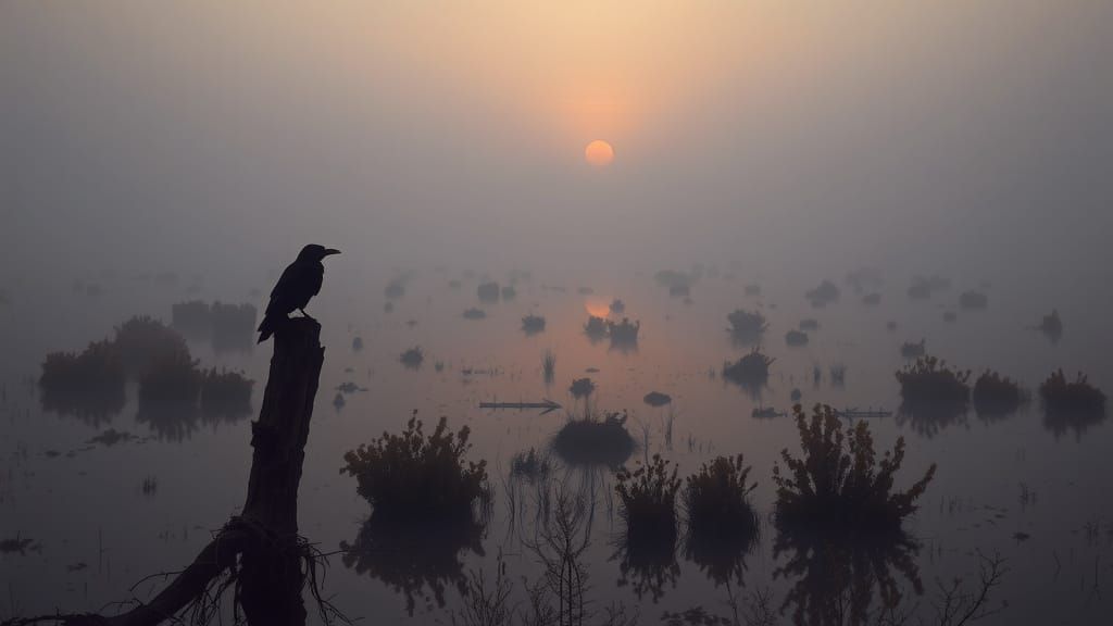 Eerie Swamp at Misty Dawn in Dark Fantasy Style