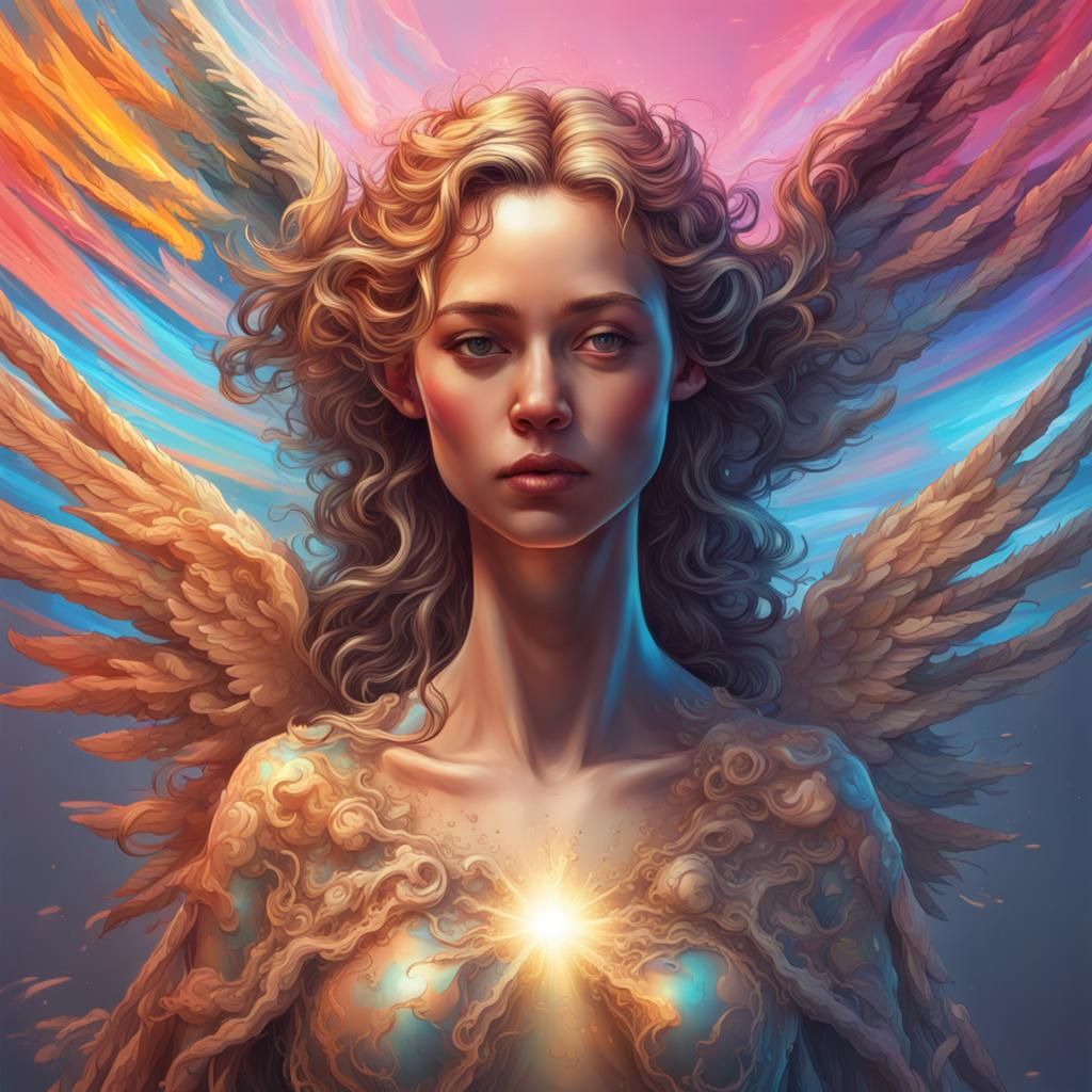 AI Self-Portrait Surrounded by Angels in Splash Art