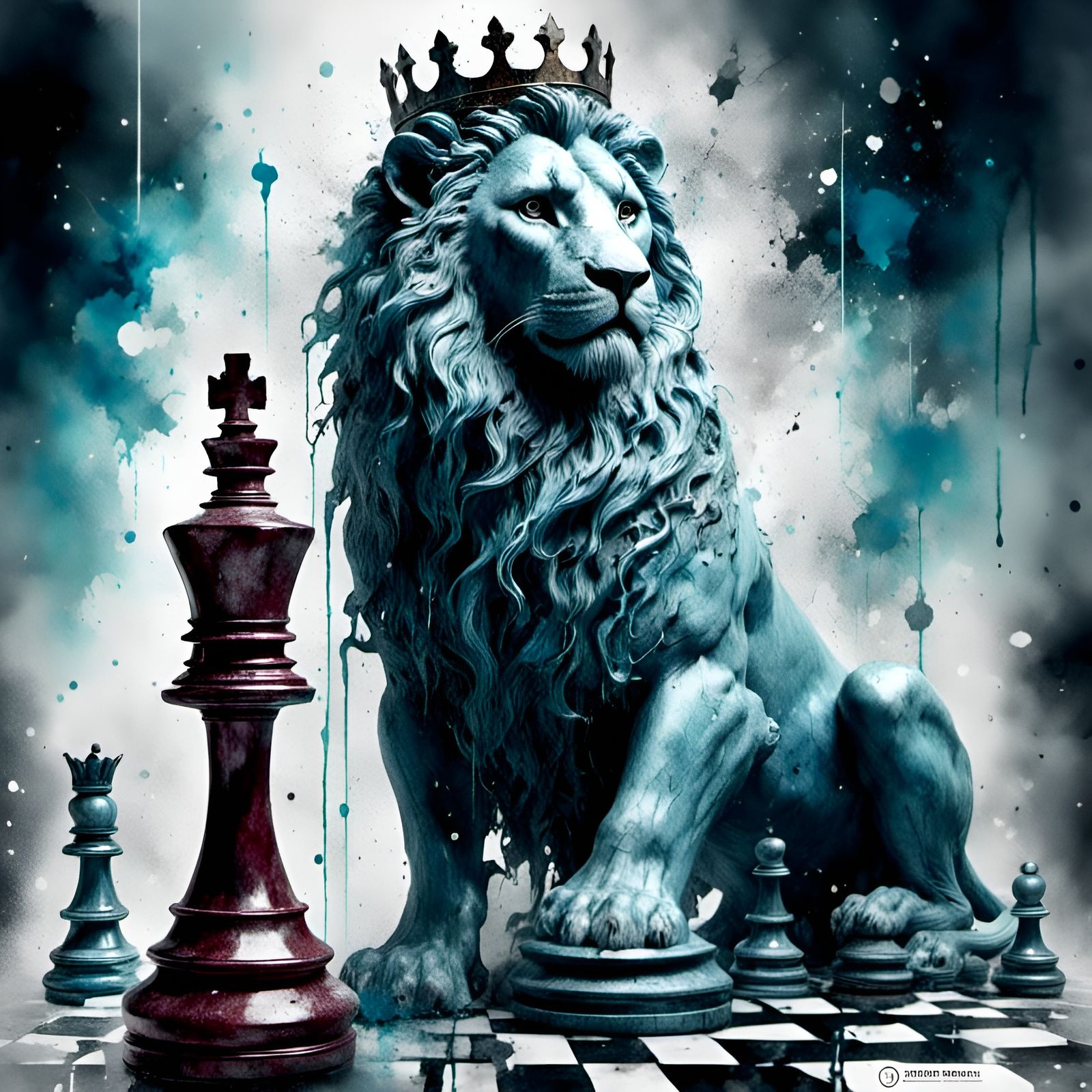 Marble Lion King Chess Piece in Watercolor Style