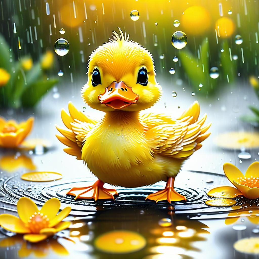 Adorable Chibi Duckling in Rainy Fantasy Scene