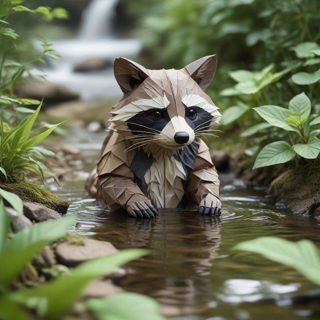 Raccoon Washing Paws in Origami Paper Art