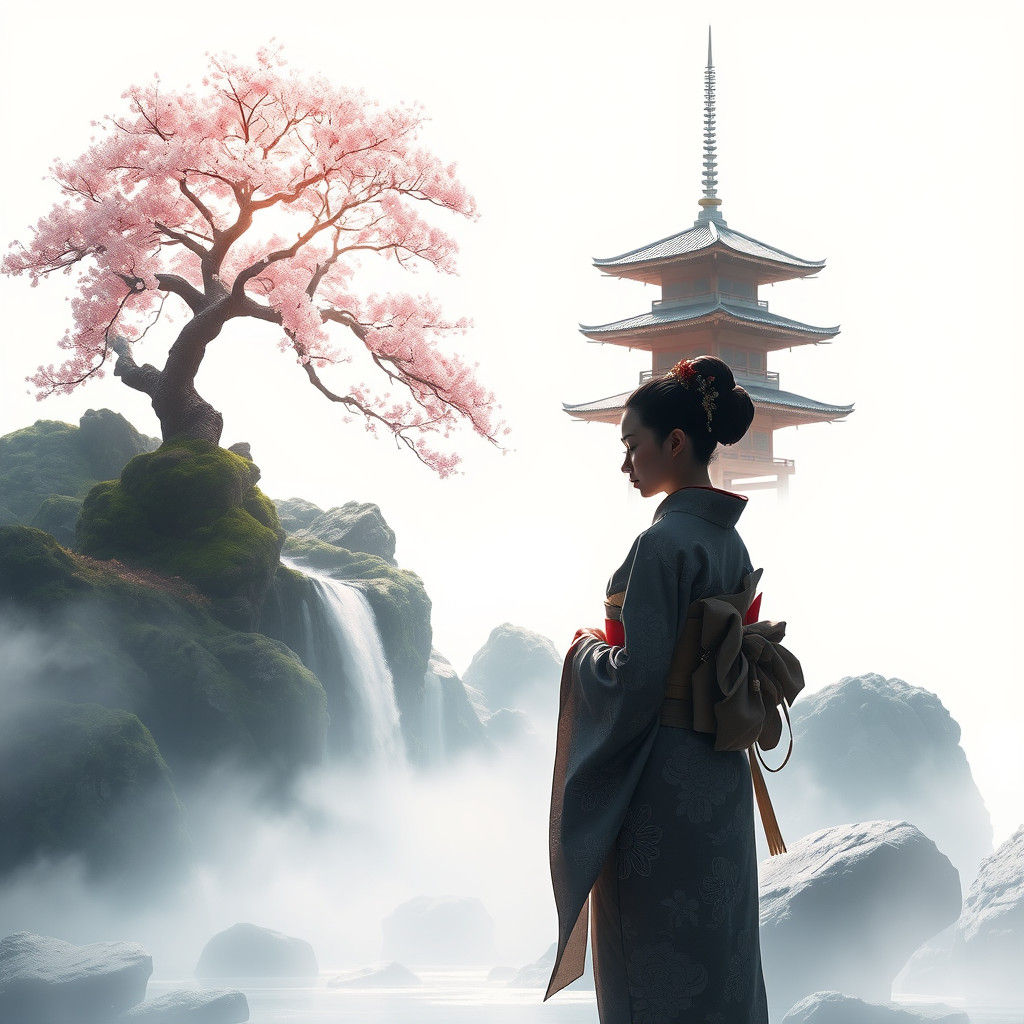 Surreal Fantasy Geisha in Moonlit Japanese Landscape