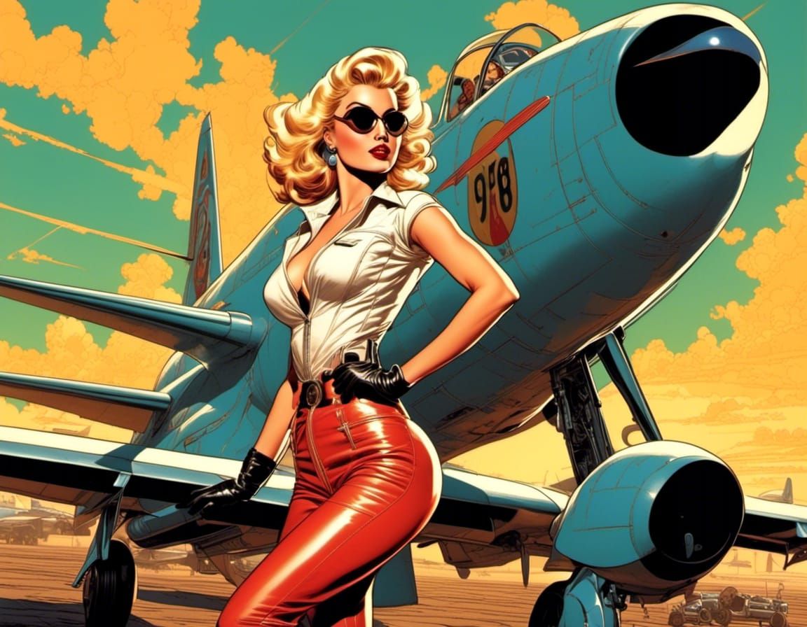 1950s Pin-Up Girl with Jet, Comic Book Art