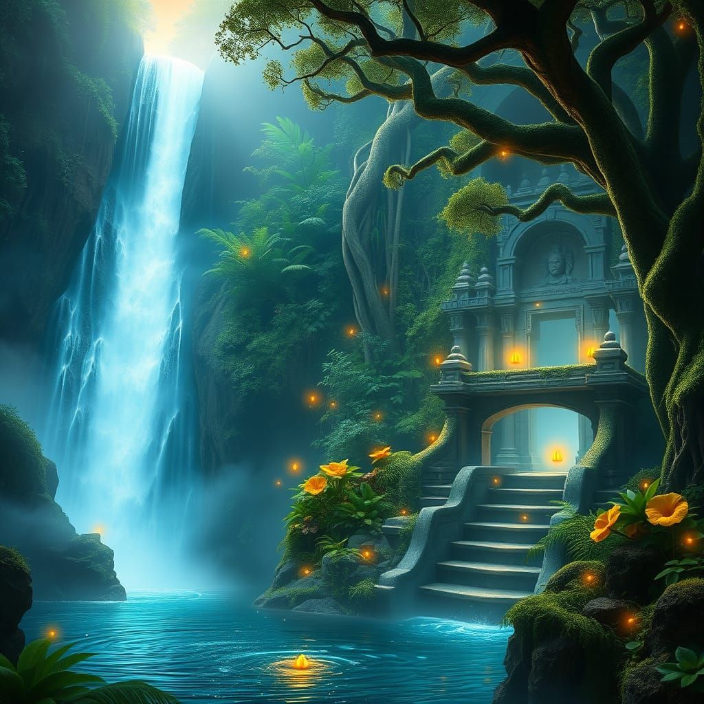 Fantasy Waterfall Cascades Down Ancient Cliff in Vibrant Gre...