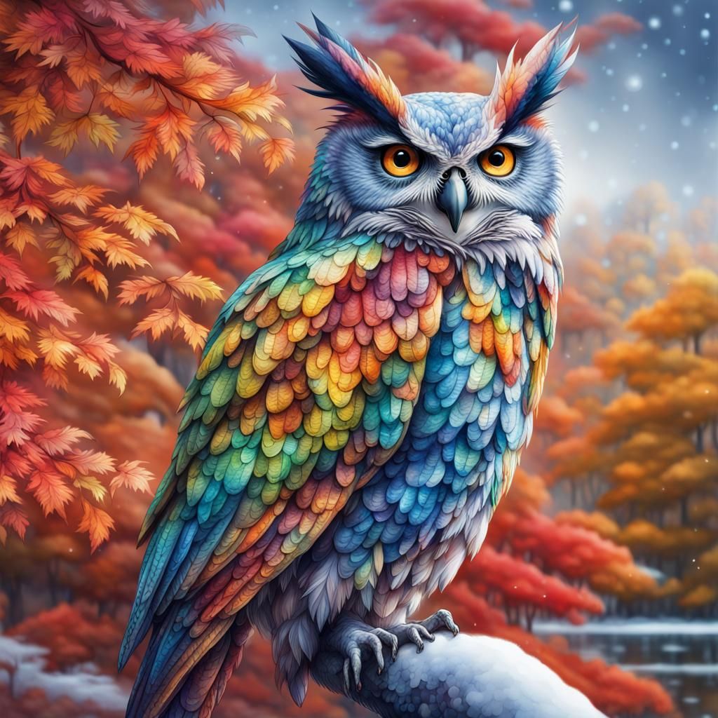Colorful Owl with Luminous Eyes in London, Fantasy Watercolo...