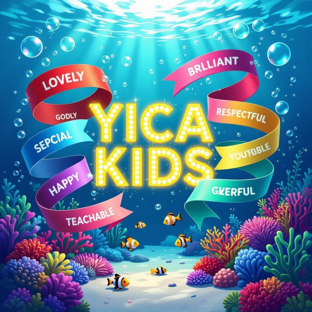 Glowing "YICA KIDS" Aquarium with Colorful Ribbons