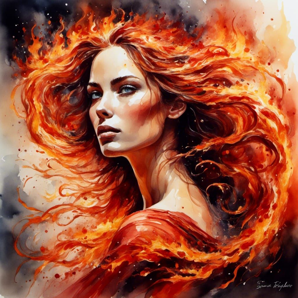 Flaming Goddess of Fire Portrait in Watercolor