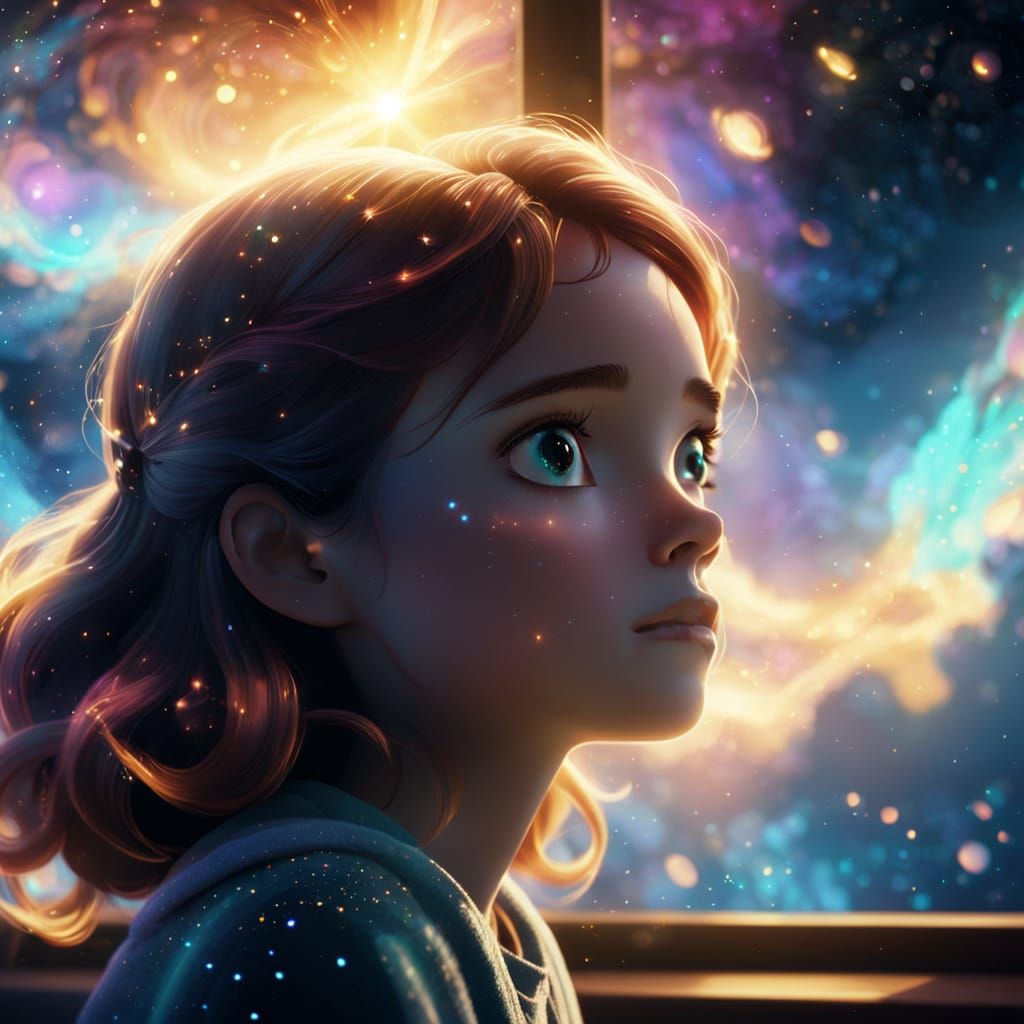 Girl Gazing at Nebula in Dreamlike Animation
