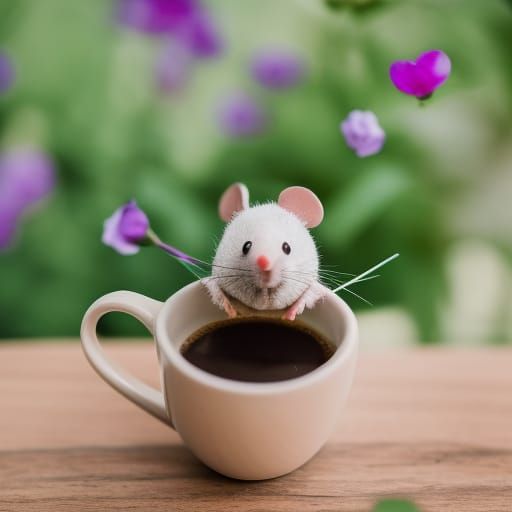 Sneaky mouse about to drink the coffee.
