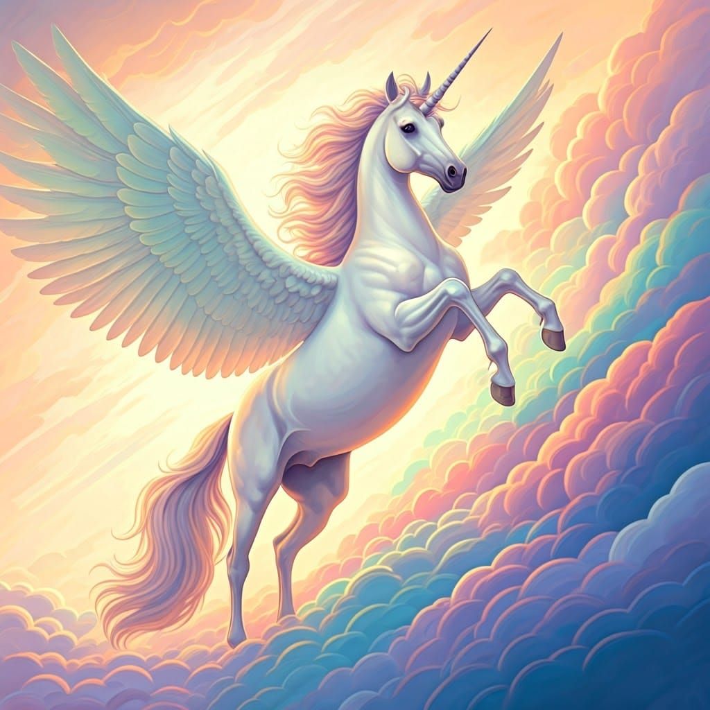 Ethereal Unicorn in Pastel Clouds, Dreamy Art