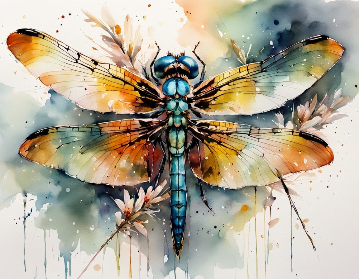 Dragonfly on Flower Watercolor Painting in Golden Hour
