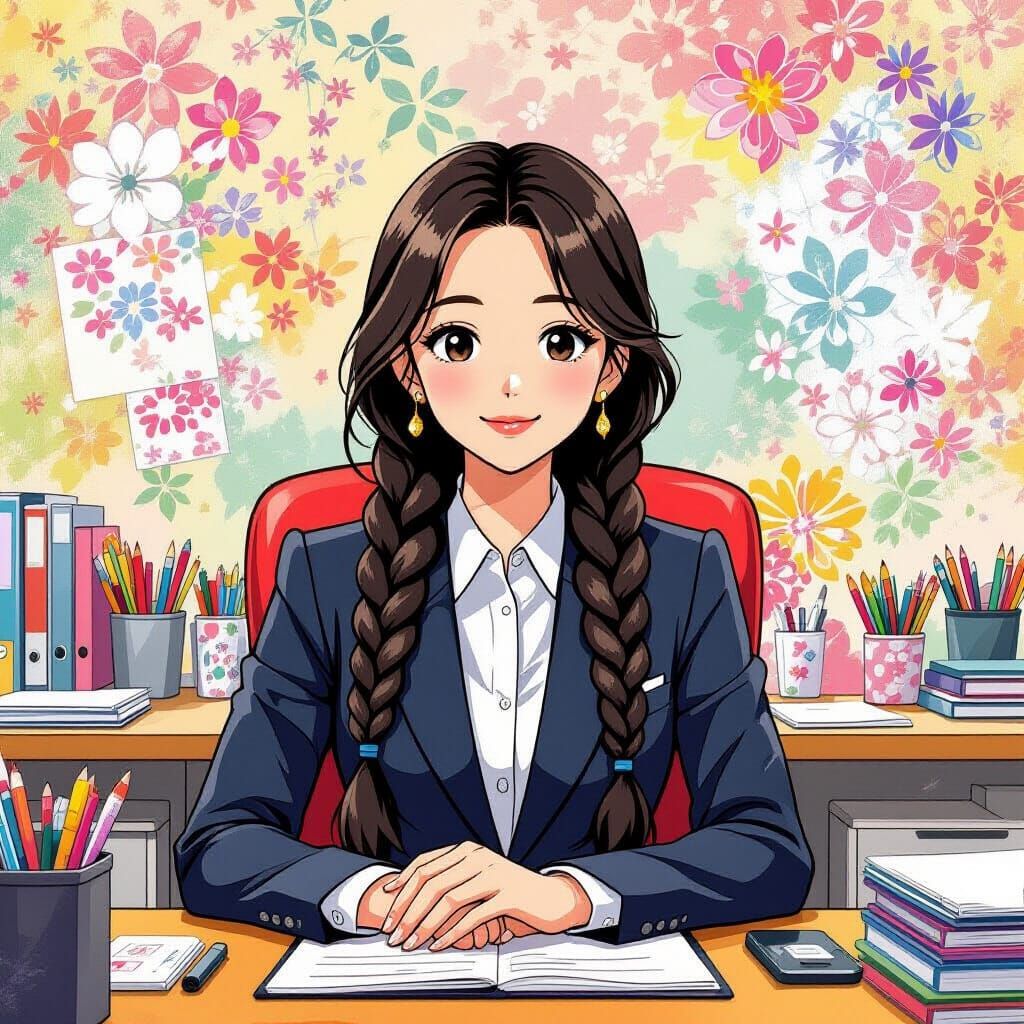 Anime Woman at Work in Playful Pop Art Style