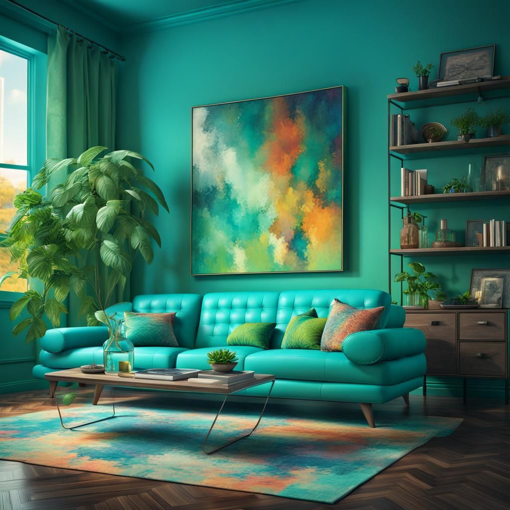 a blue, green and turquoise living room