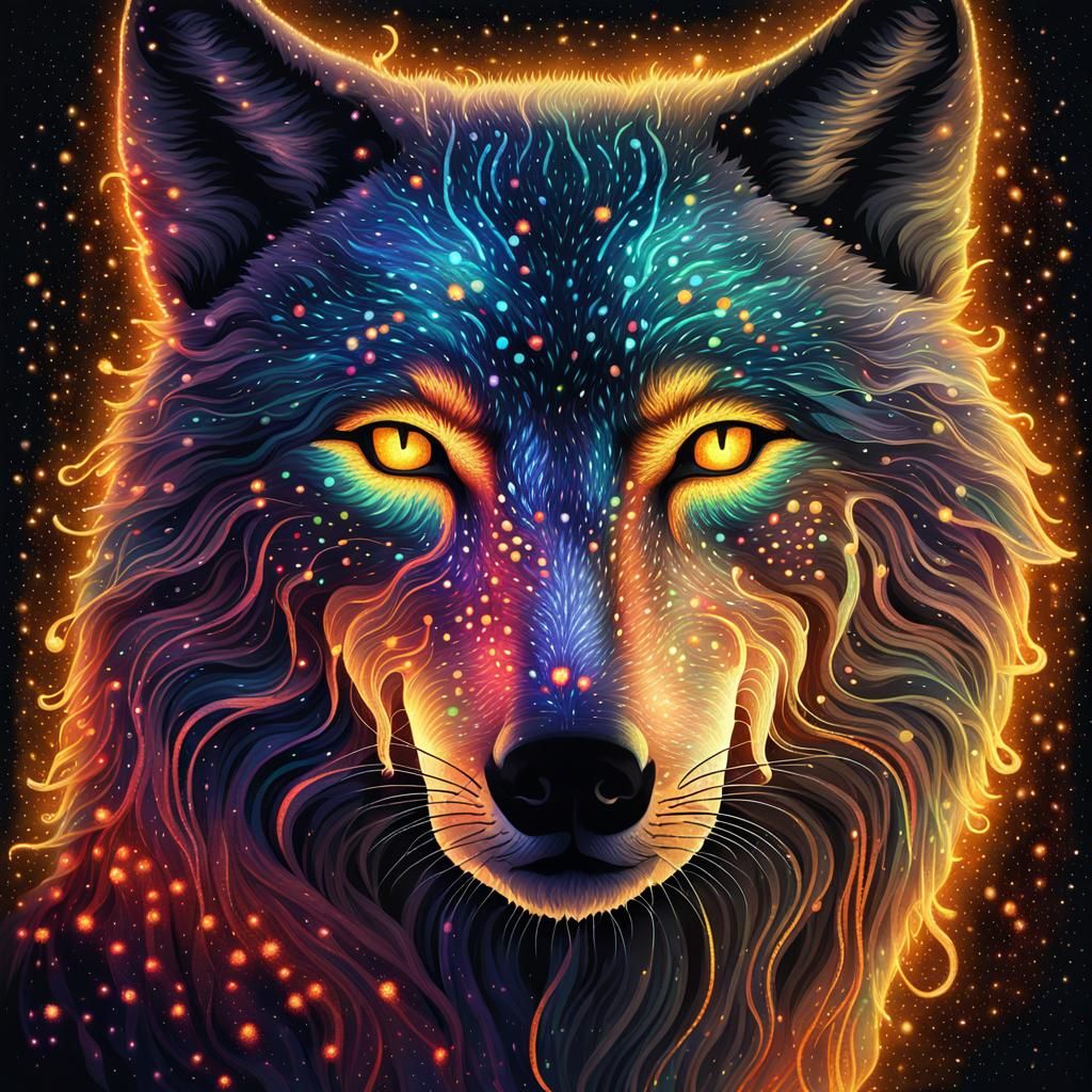Vibrant Wolf Portrait in Pointillism Style