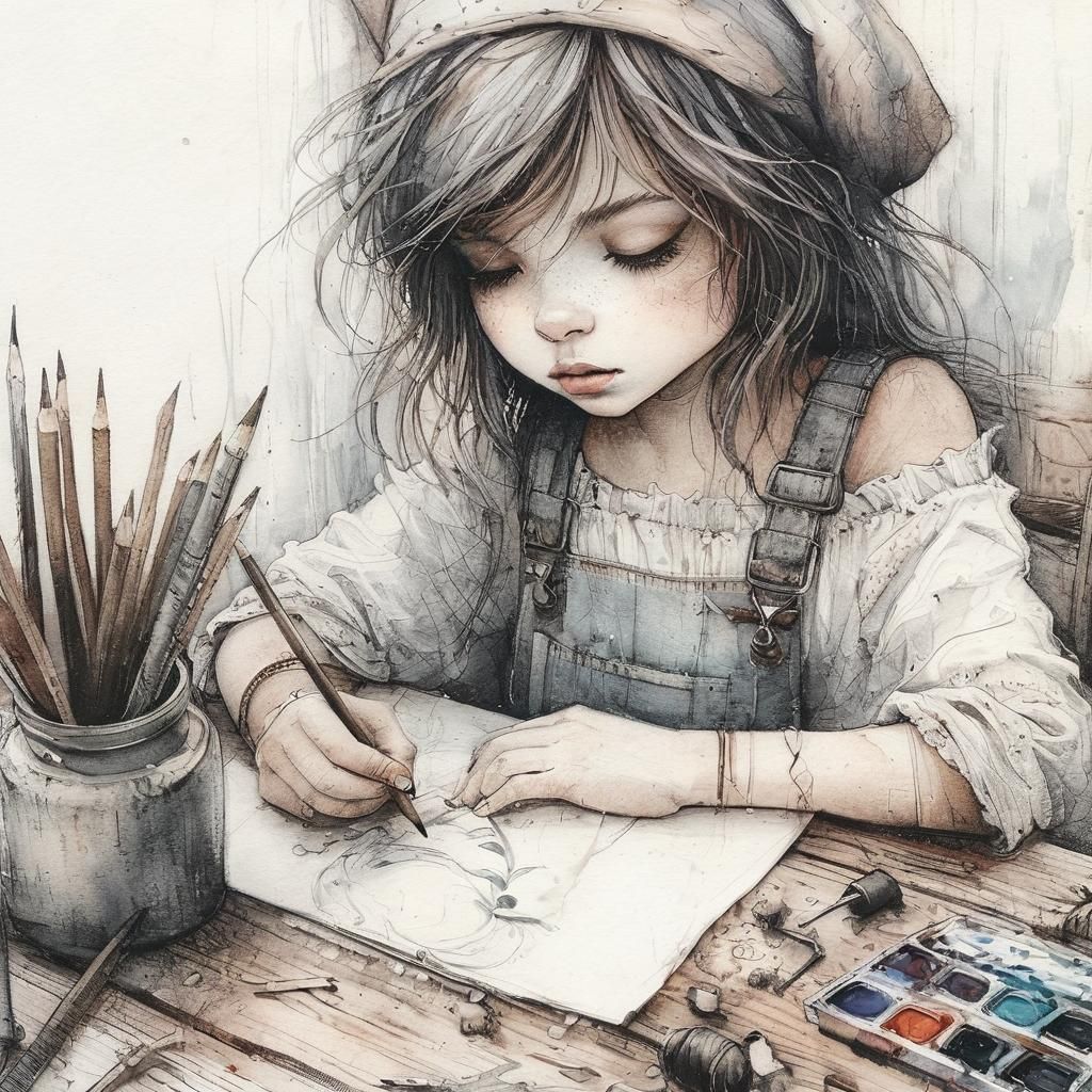 Rustic Girl in Watercolor and Pencil