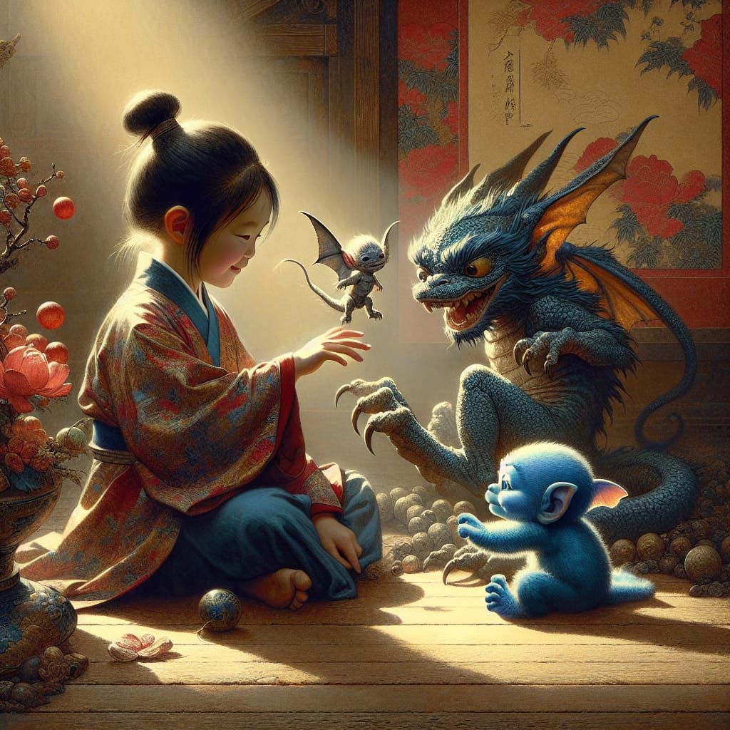East Asian Girl with Dragon in Japanese Art Style
