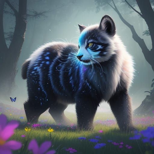 Enchanted, Shimmering Alien Critter Amidst Vibrant Wildflowe...