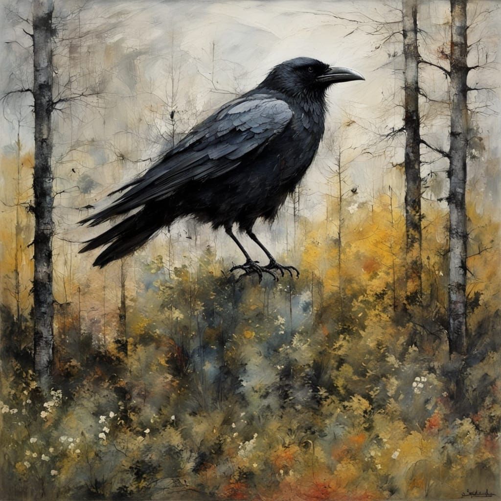 Crow Guarding Forest, Expressionist Digital Painting