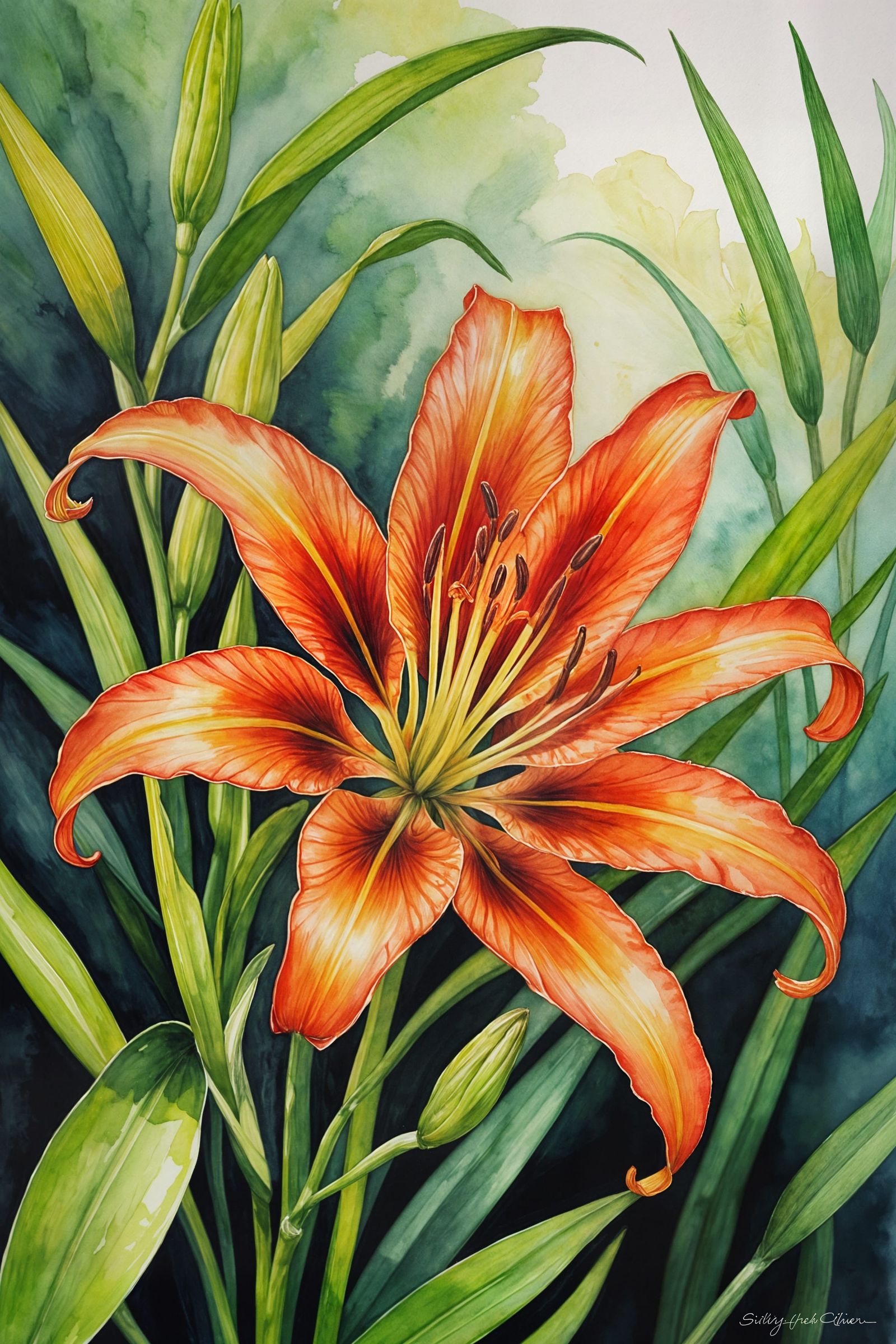 Hyper Detailed Watercolor Fire Lily Close-up