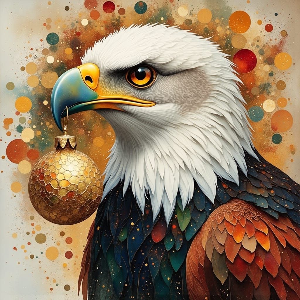 Eagle Holds Christmas Bauble In Painterly Closeup
