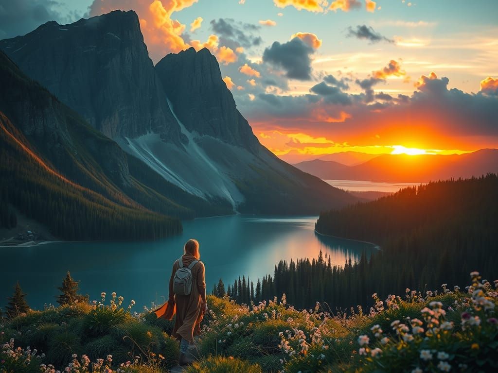 Epic Landscape with Traveler, Sunset, and Lake