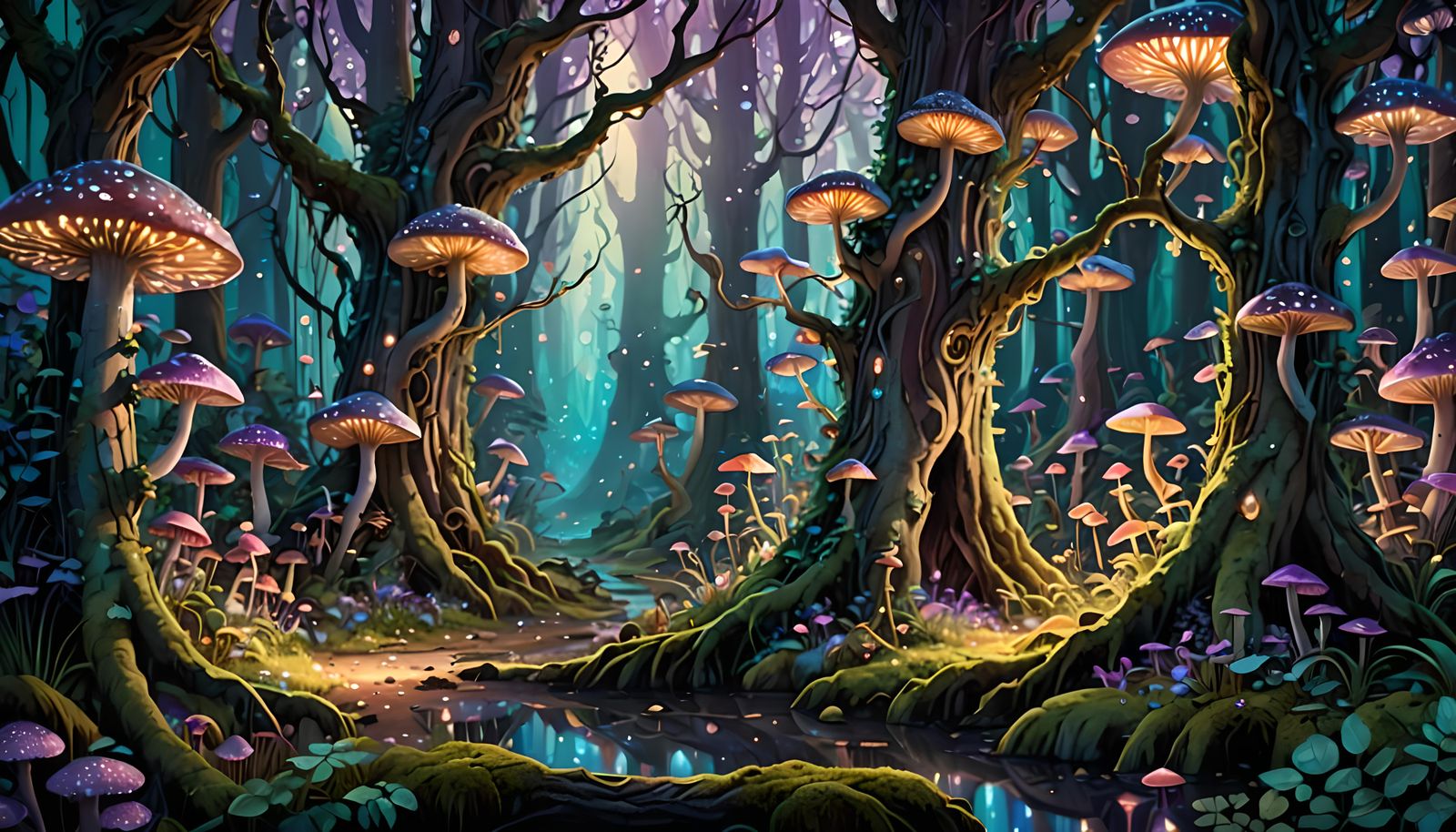 Magical Enchanted Forest Illuminated by Glowing Mushrooms